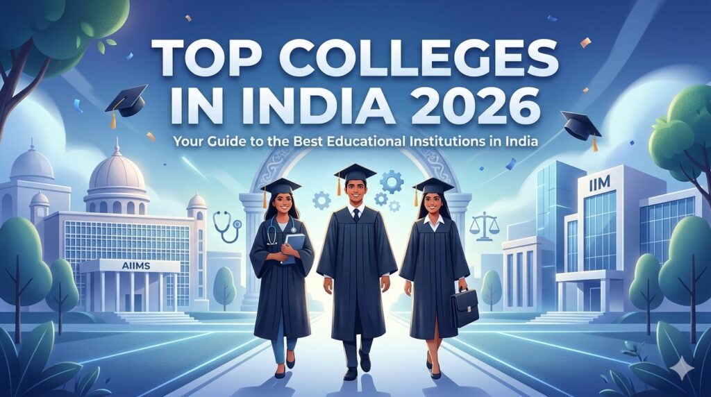 Top colleges in India 2026 including IIT, IIM, AIIMS campuses with students and education icons
