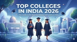 Top colleges in India 2026 including IIT, IIM, AIIMS campuses with students and education icons