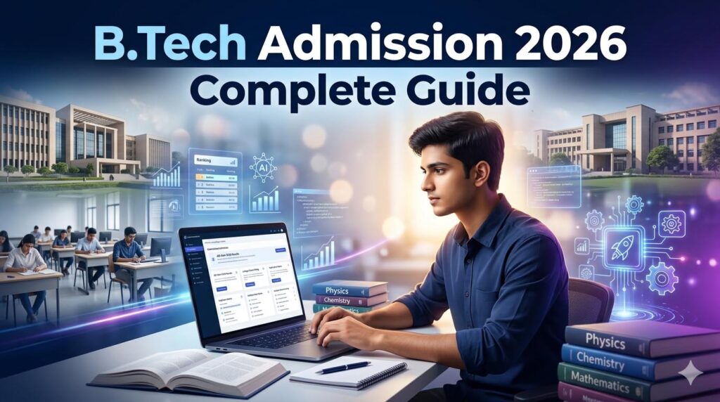 B.Tech Admission 2026 guide showing student preparing for engineering entrance exams and college counseling process in India
