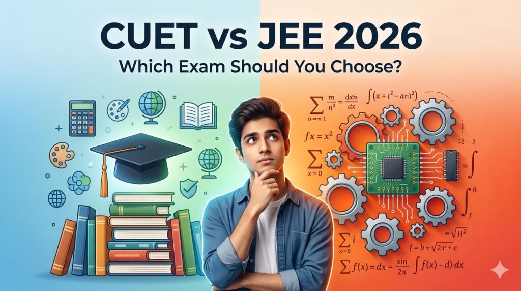 CUET vs JEE preparation strategy comparison 2026 with student choosing between exams