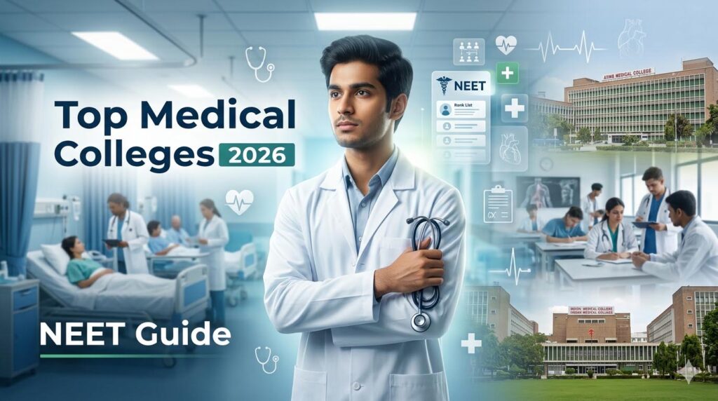 Top medical colleges in India 2026 with medical student in hospital training and NEET admission process